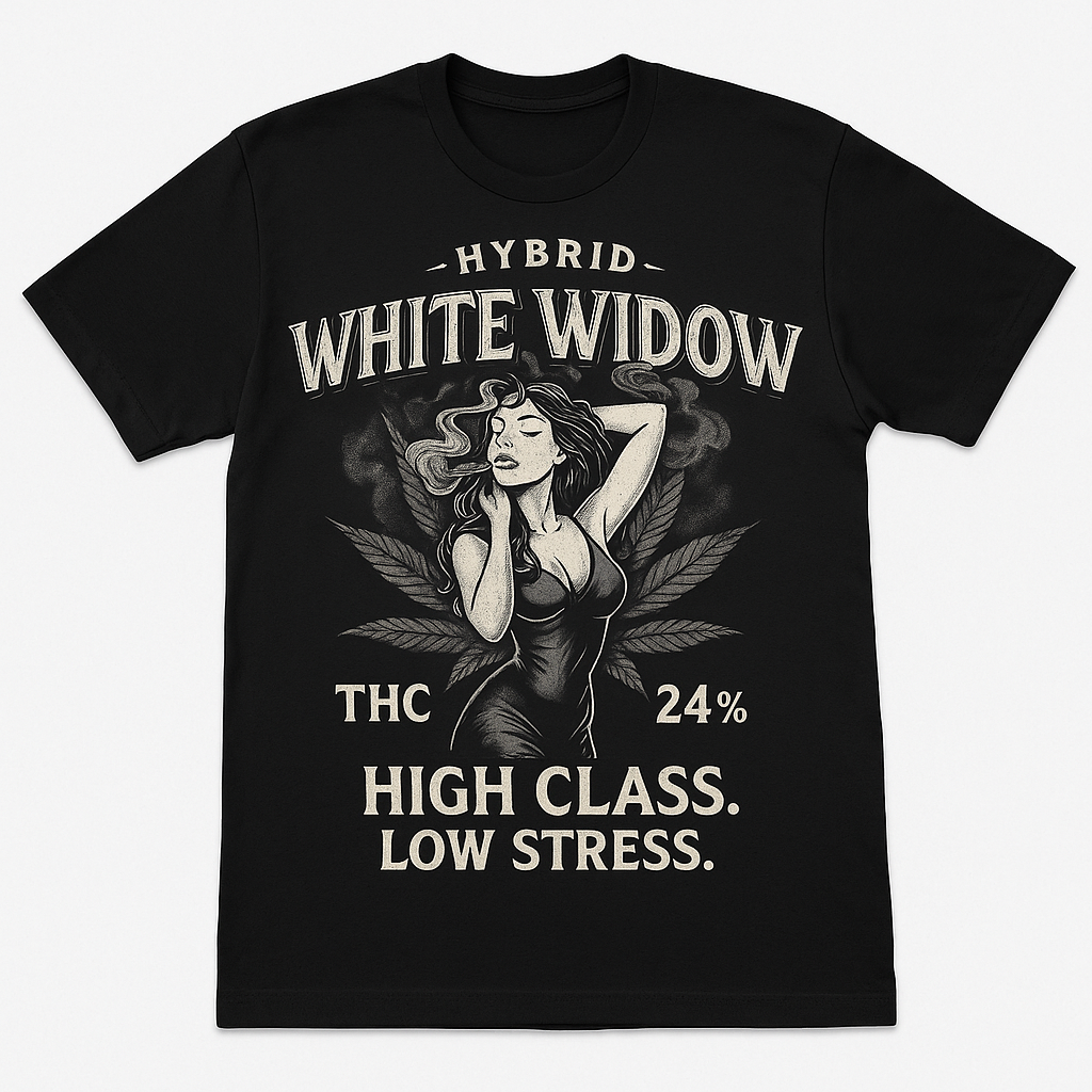 White Widow Hybrid Weed T-Shirt – THC 24% | Sexy Stoner Graphic Tee | High Class Low Stress Shirt